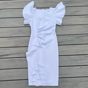 Memoriesea; Bright White; Ruffle Front; Fitted Midi Dress; Flutter Sleeves; M